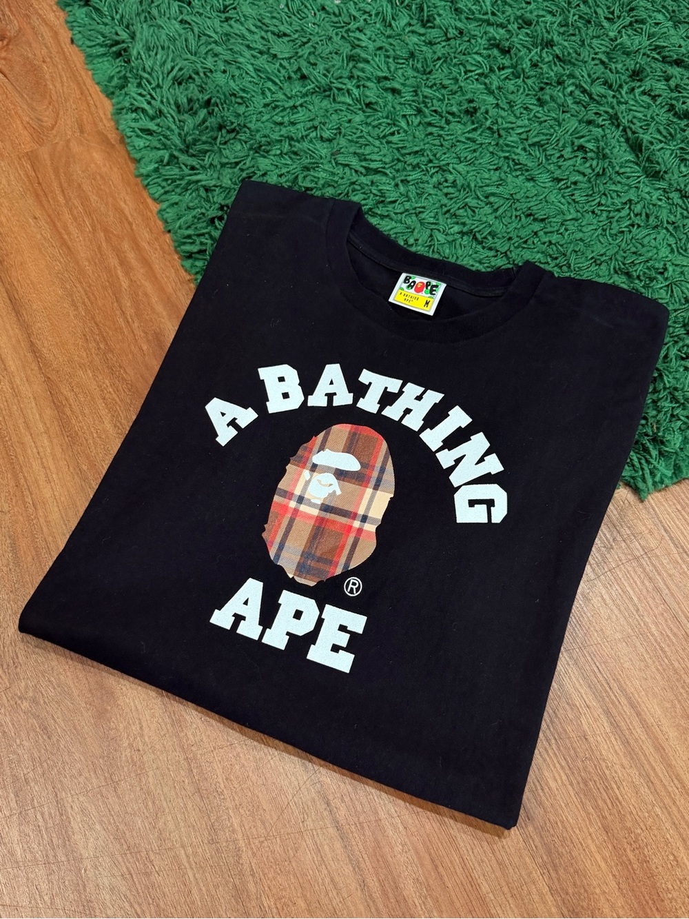 BAPE - Black Burberry Check College Ape Head Tee - Medium